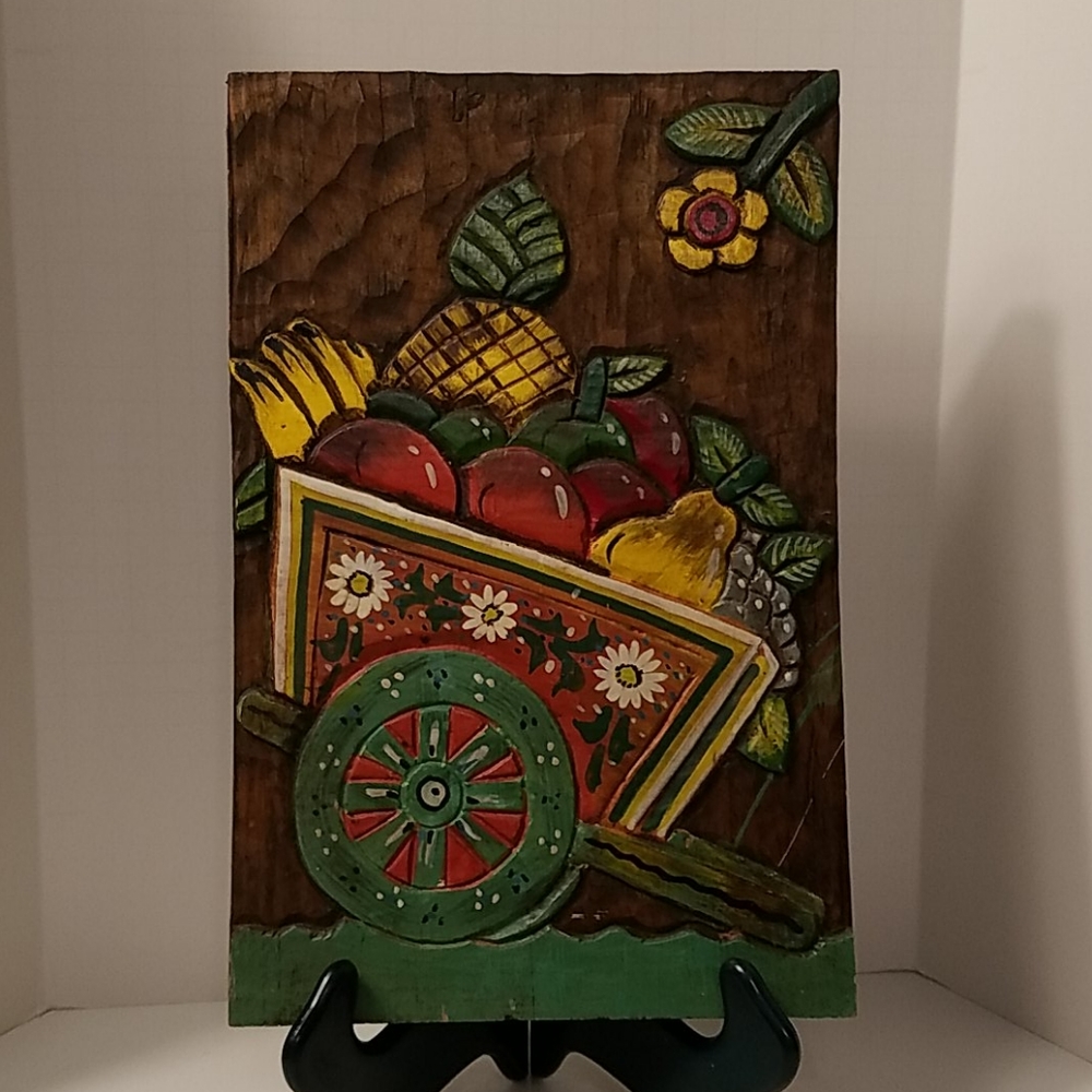Hand Carved Multicolor Rustic Fruit Cart Wall Hanging